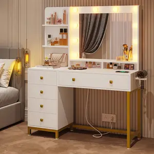 White Vanity Desk with Mirror and Lights, Gold accents/hardware, Vanity Mirror 3 Lighting Modes Adjustable, Makeup Vanity Table with 5 Drawers and Storage Shelves, with Charging Station makeupvanityset large drawer level vanity table