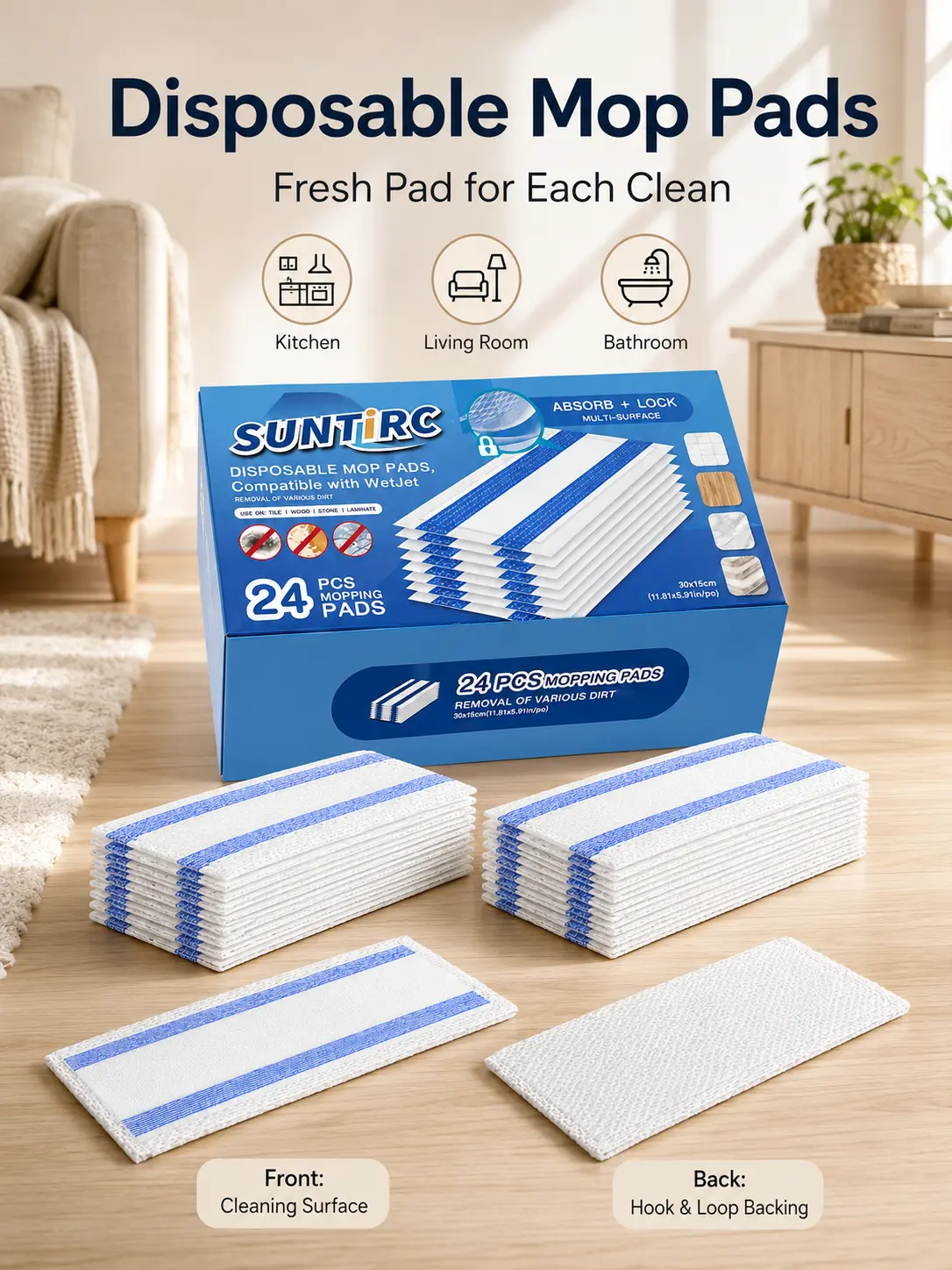 SUNTIRC Disposable Mop Pads Refill, 24 Count Compatible Hook & Loop Mop Replacement Pads, Absorbent Multi-Surface Floor Cleaning Pads for Tile Wood Laminate Marble
