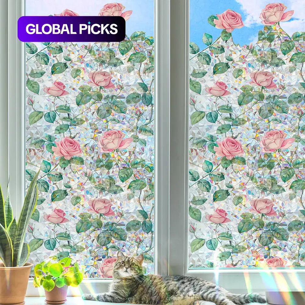 1pc 3D Rainbow Rose Window Sticker, Removable Privacy Film, UV Protection, Static Cling Decorative Stickers, Decorative Glass Decal, Window Decals For Glass Windows, Ideal for Doors & Windows Decor #GLOBAL PICKS