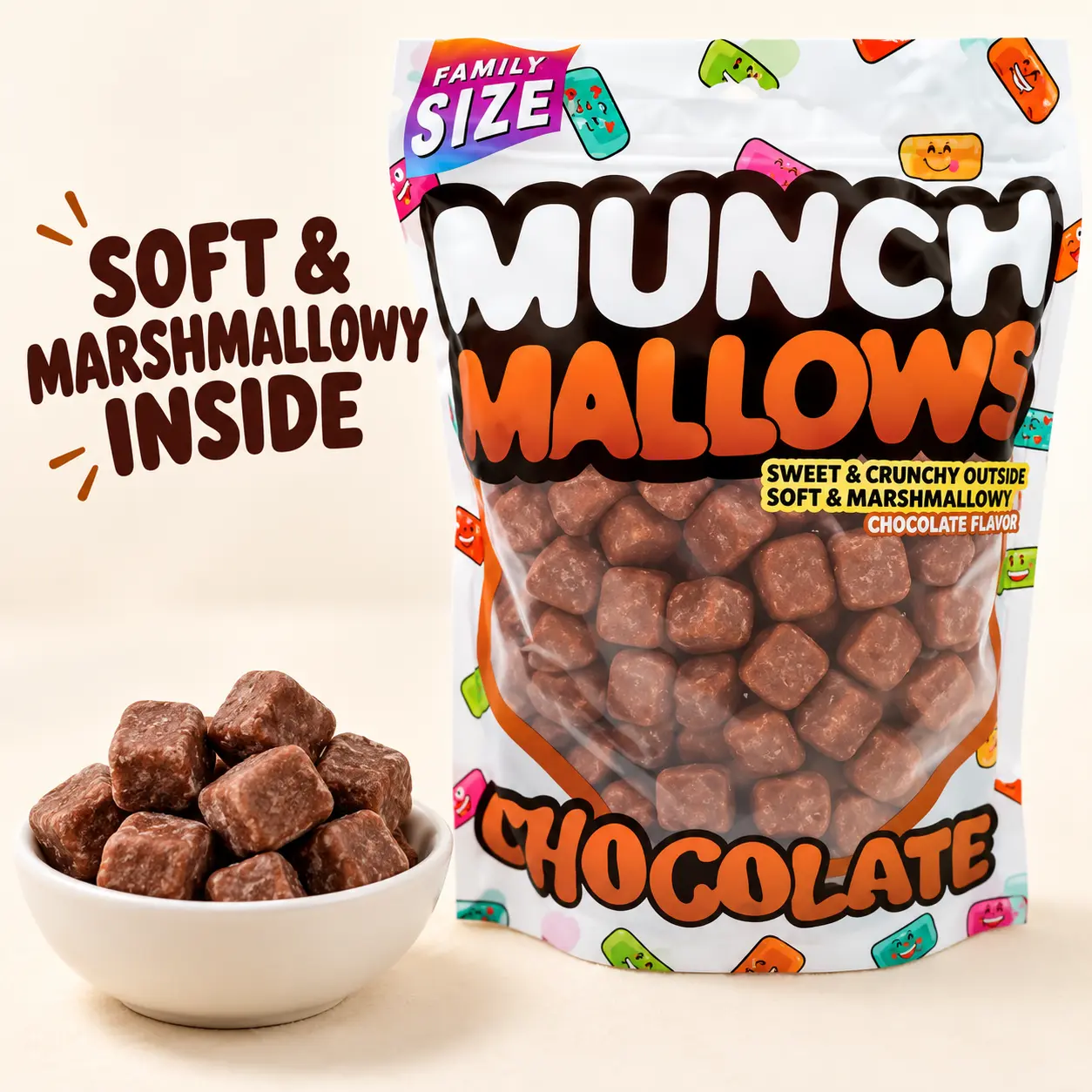 Chocolate-Flavored Marshmallows, Viral Munch Mallows Snack Candy   Packet marshmallows  Packaged marshmallows