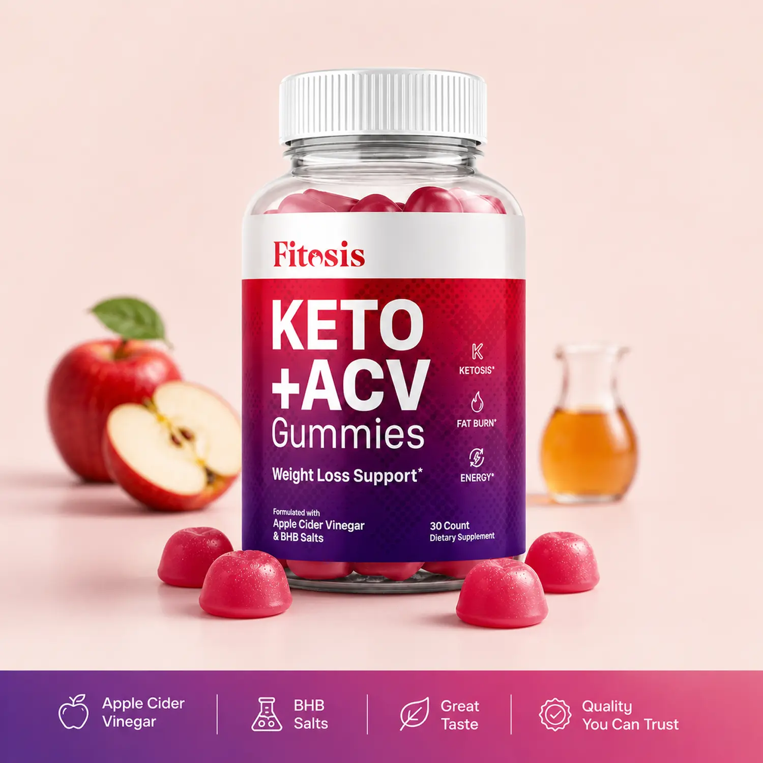 Fitosis Keto + ACV Gummies - Apple Cider Vinegar & BHB for Ketosis, Energy Support, 30 Apple Flavor Gummies