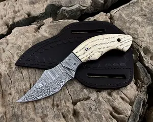 Custom Handmade Damascus Cowboy Bull Cutter Knife, Fixed Blade, Hunting, Skinner Oak Wood Handle With Pancake Leather Sheath