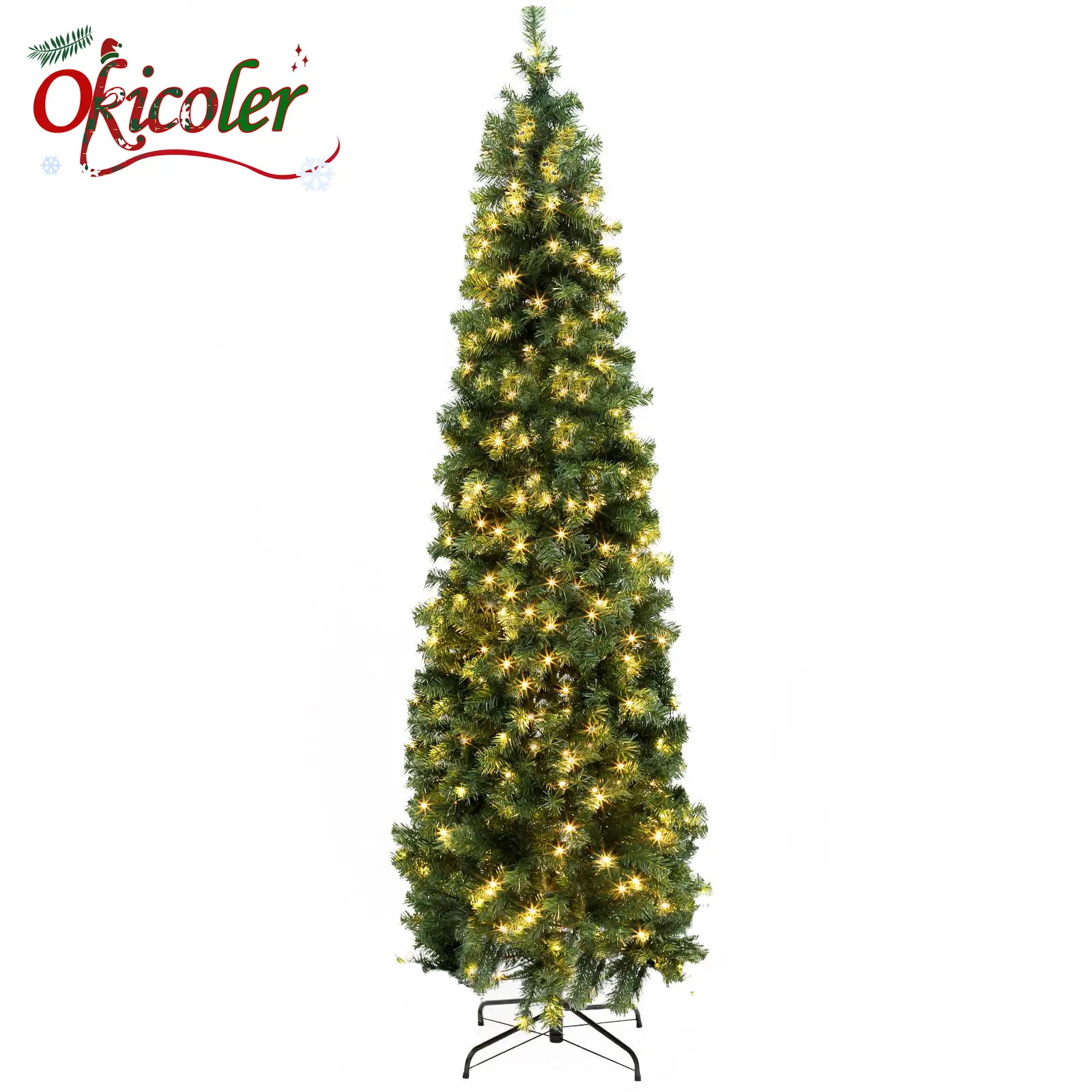 Okicoler Pre-lit Kingswood Fir Slim Artificial Hinged Christmas Tree Skinny Corner Xmas Tree with 350 Incandescent Warm White Lights Prelighted Xmas