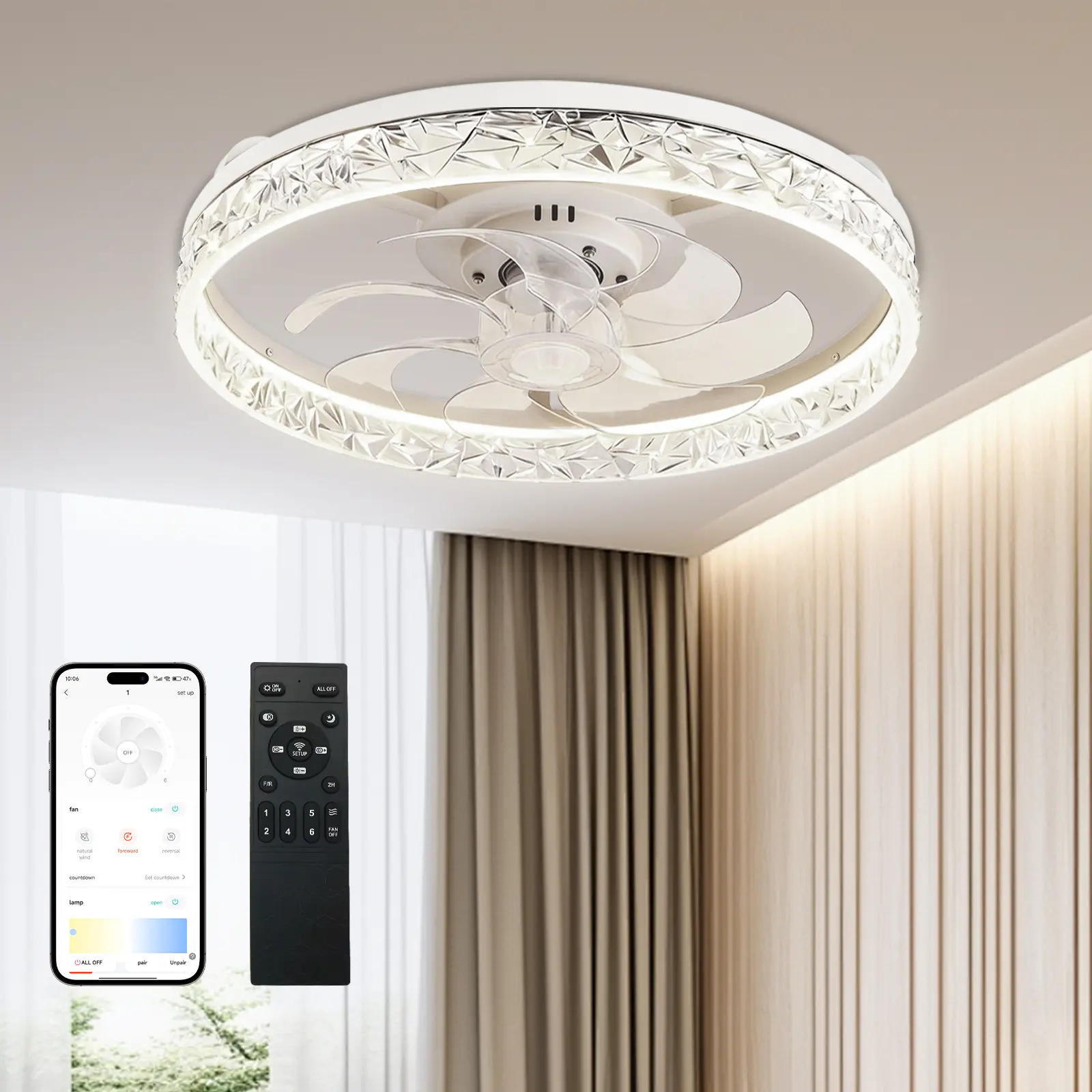 DEMILARE Crystal Flush Mount Ceiling Fan with Light and Remote - Dimmable LED Fandelier, 6 Speeds, Forward/Reverse Wind, Indoor Use, Black/White Finish, for Bedroom, Living Room, Led Lights Bedroom, Fan For Bedroom,SummerFinds,Summer Turn Up