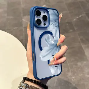 Magnetic Stylish Case for iPhone 17 16 E Pro Max 15 Plus 14 13 12 11 XS XR, Cute Light Blue Lily Art Print | Shockproof, Silicone, Trendy, Protective, and Aesthetic
