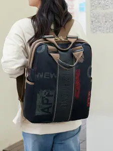 Niche design cool letter print backpack, personalized graffiti design multi-compartment practical and fashionable backpack, street style daily commuting leisure backpack, casual and versatile retro trend backpack