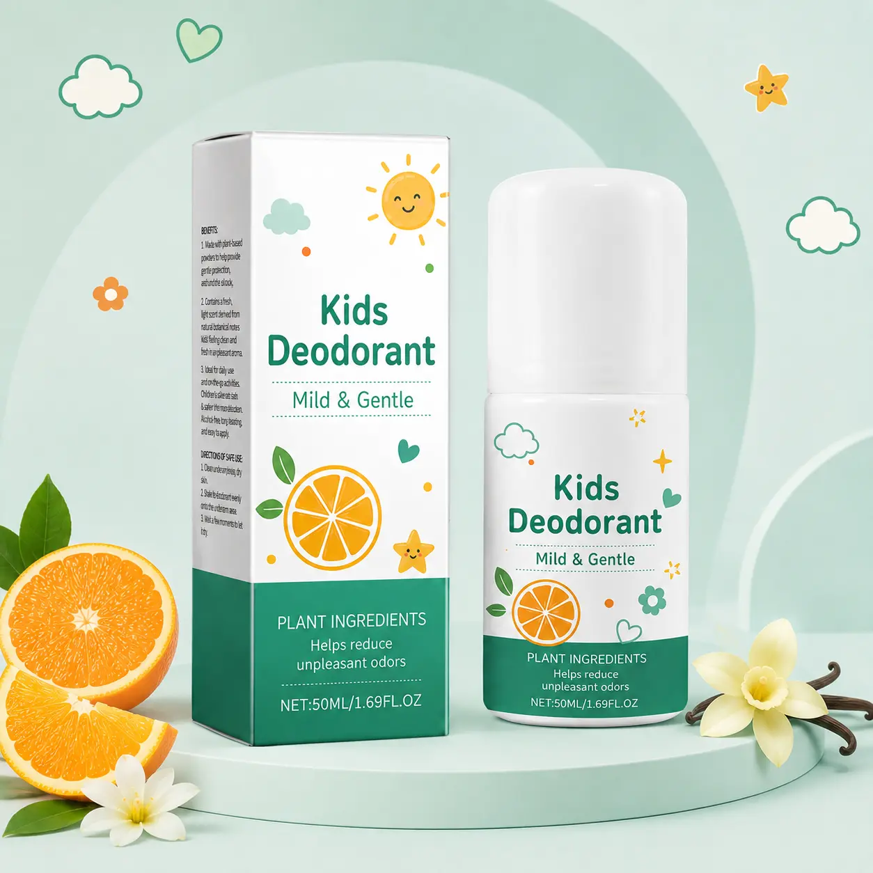 Kids Deodorant Roll-On, Vanilla & Citrus Scent, 50 mL, Mild Quick-Drying Underarm Freshness Care with Glycerin & Vitamin E
