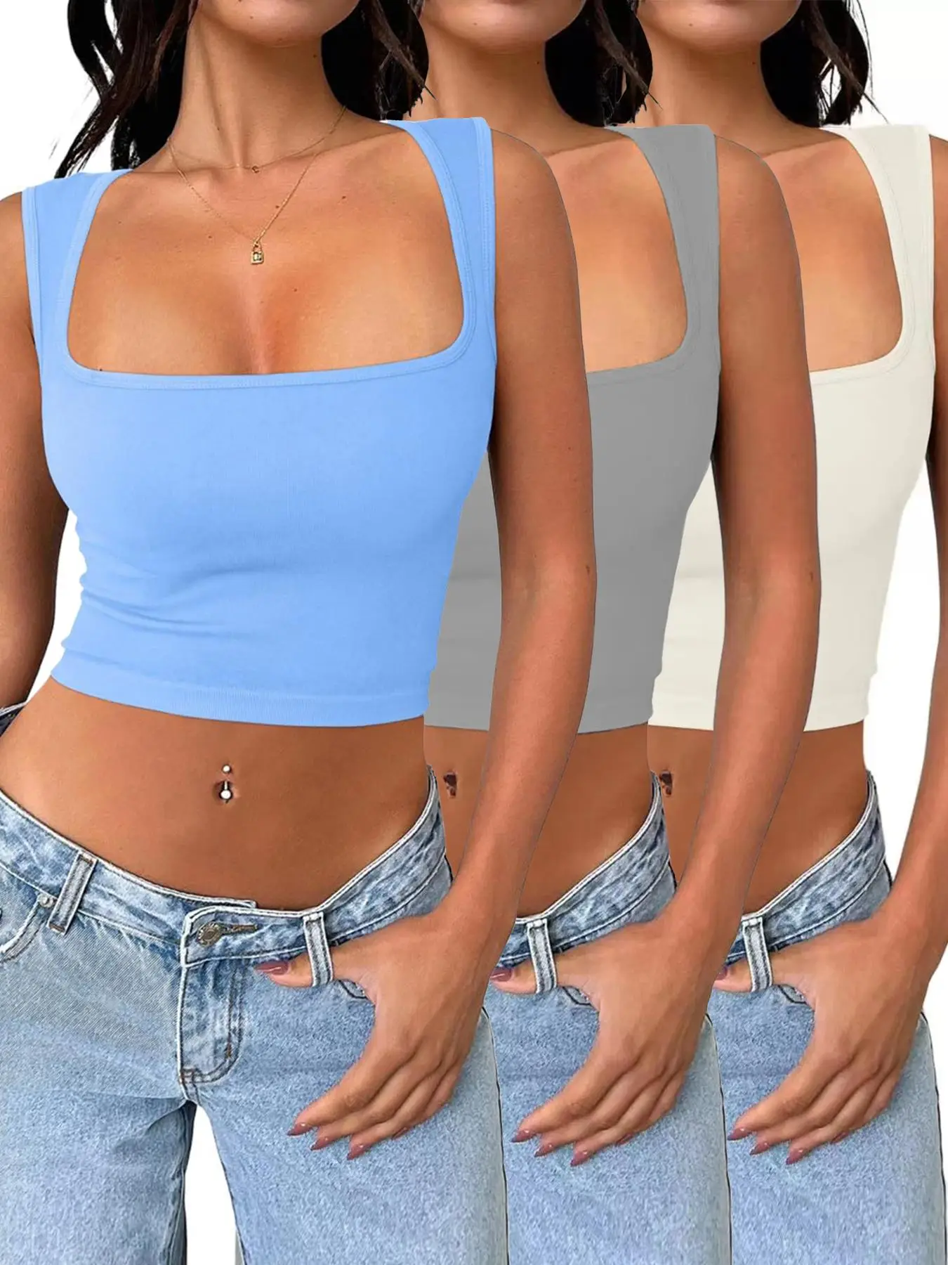 Women's Basic Solid Square Neck Sports Crop Tank Top, Sporty Sleeveless Top for Yoga Gym Workout, Women Sport & Outdoor Clothing for Summer