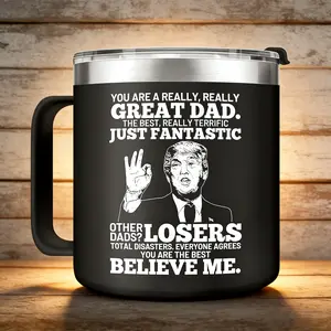 Trump 14 Oz Stainless Steel Mug with Handle - Reuseable Coffee Cup for Dad, Perfect Father's Day & Birthday Gift, Easy Grip Drinkware Sturdy Tumbler Reusable Ceramic Washable Tea