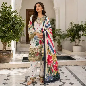 ZAROORI Ivory Floral Cotton Printed Pakistani 3-Piece Suit – Multicolor Print with Striped Dupatta | Article No: ZR-105