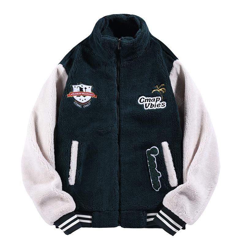 Mens Multi-Color 2-Tone Sherpa Fleece Zip-Up Varsity Coat - Menswear, Stylish Casual Fleece Jacket with Chest Shield & Patch Badges, Soft Warm Fabric for Daily Outdoor Activities, Tops