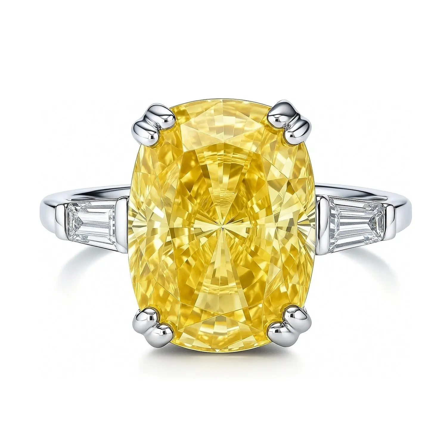 BERRICLE Sterling Silver 3-Stone Statement Cocktail Ring for Women, 9 Carat Canary Yellow Cushion Cut Cubic Zirconia CZ