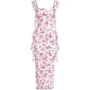 PRETTYGARDEN Floral Dress for Women 2026 Summer Formal Ruched Lace Ruffle Spring Cocktail Wedding Guest Maxi Long Dresses