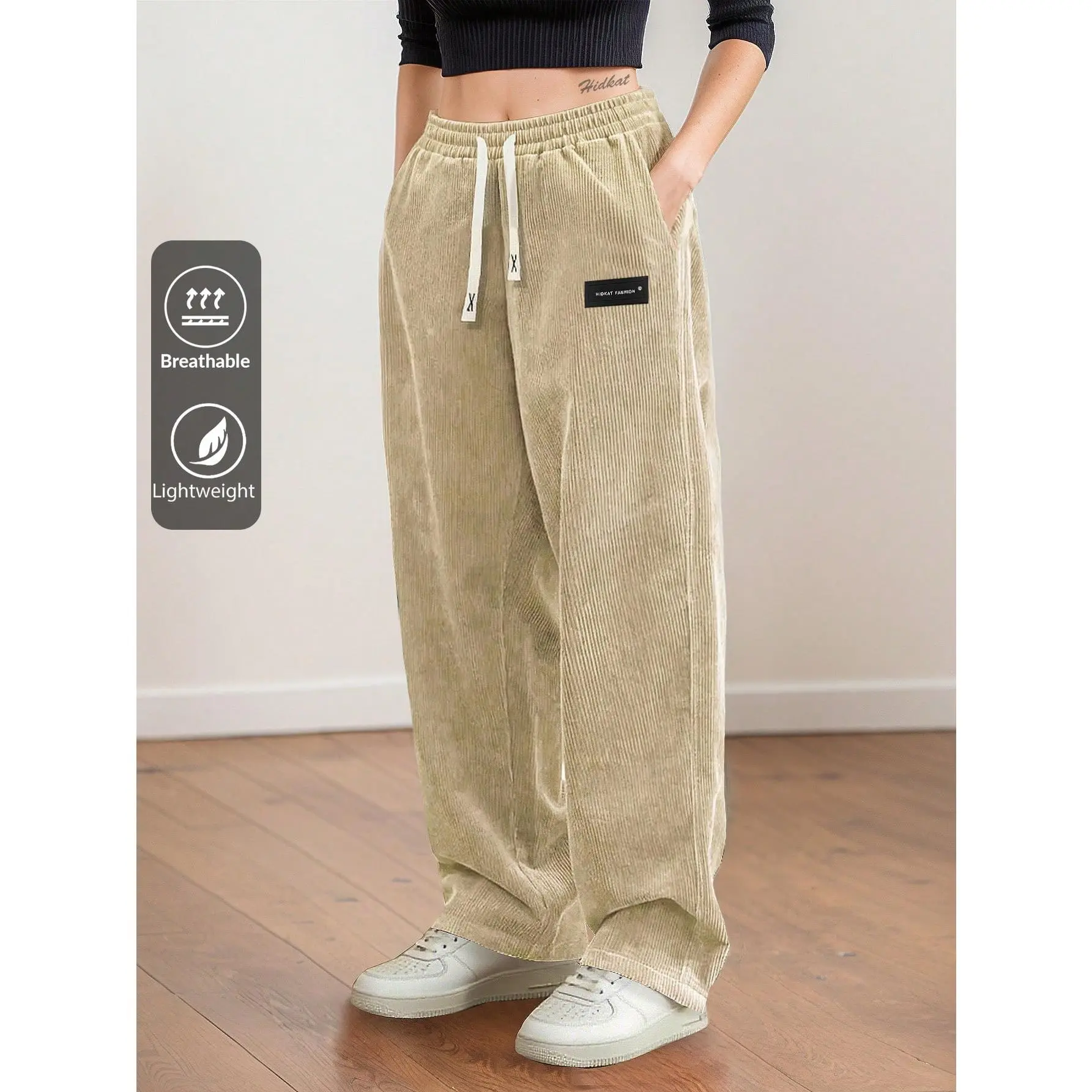 Women's Straight Leg Corduroy Drawstring Elastic Waist Pants - Casual, Hiking Wear for Spring/Autumn, Drawstring Waist Pants
