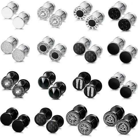 FUNRUN 16 Pairs Punk Faux Gauge Earrings Set - Stainless Steel & Hypoallergenic for Men & Women Ear Studs