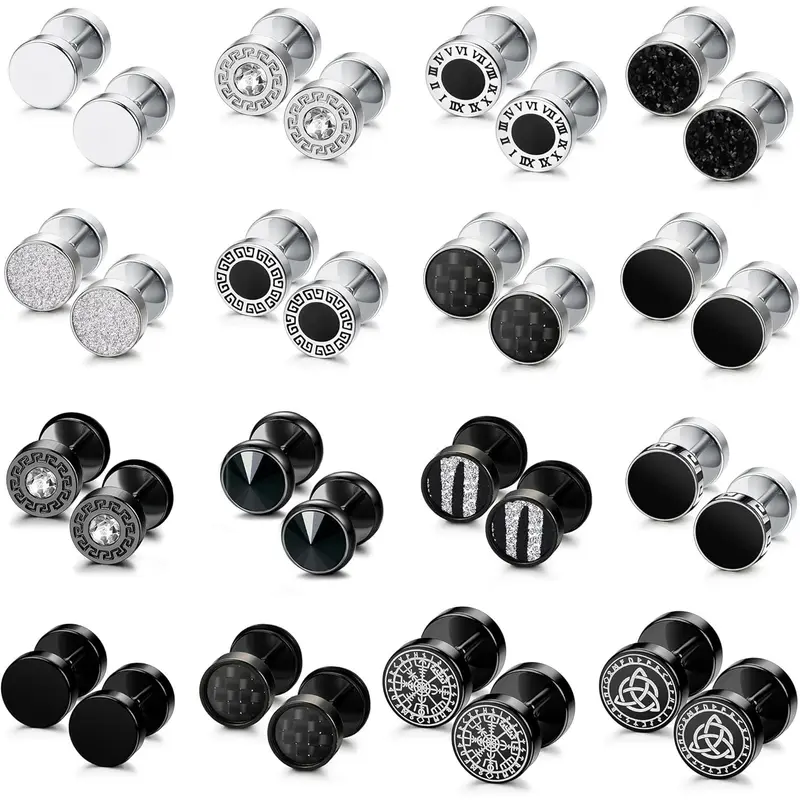 FUNRUN 16 Pairs Punk Faux Gauge Earrings Set - Stainless Steel & Hypoallergenic for Men & Women Ear Studs