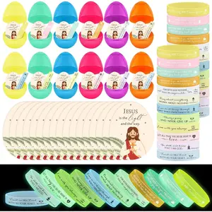 24 Sets Religious Easter Eggs Filled with Luminous Wristbands  Cards for Easter Basket Stuffers Bulk Christian Party Favors  Verse Bracelets Gifts Bag Fillers( Colors)