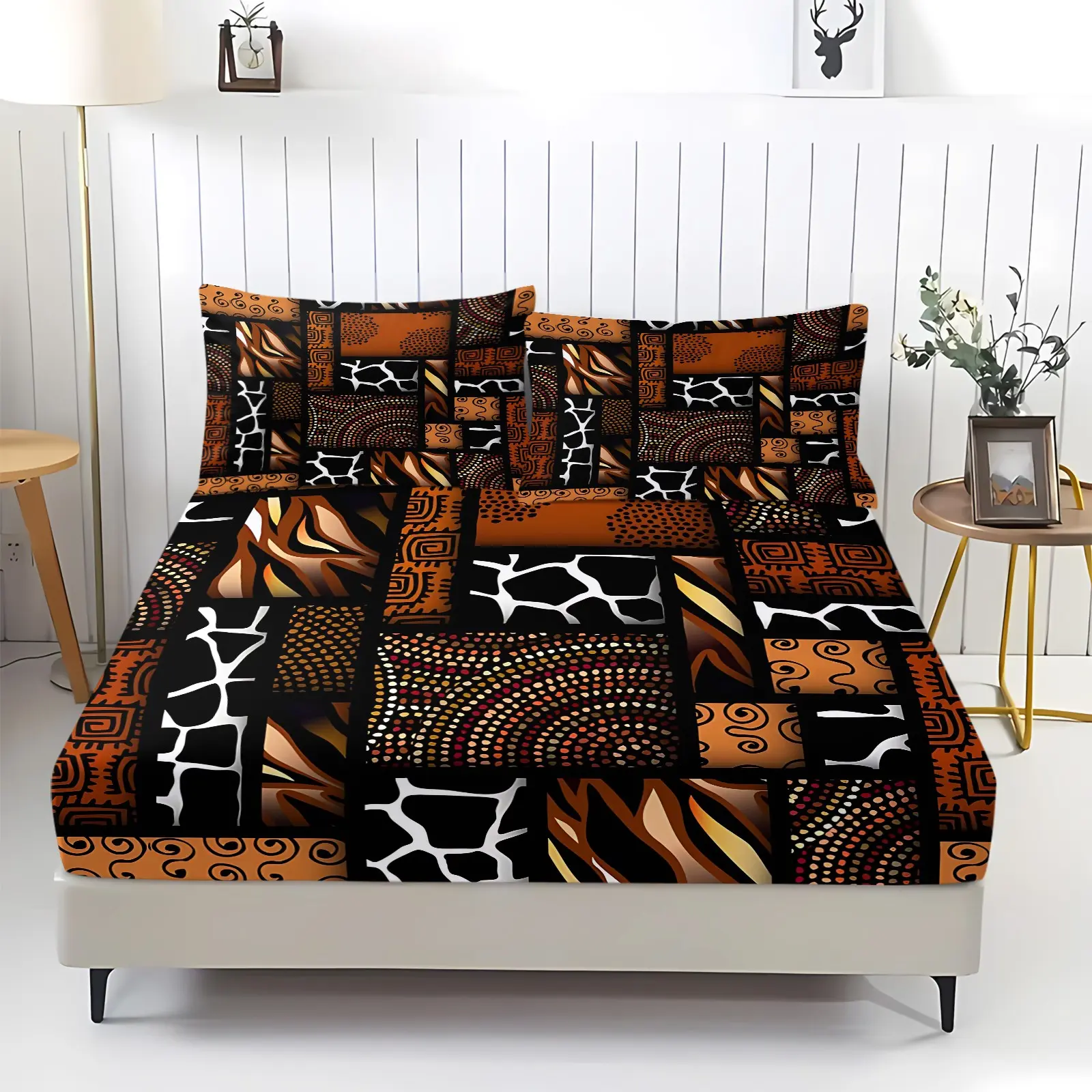 3Pcs Vintage Safari Tribal Giraffe Leopard Patch Fitted Sheet Set, Machine Washable High‑Stretch Bedding Set, Ethnic Room Decor for Dorm Room, Small Apartment, Guest Room, Filler Not Included