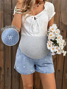 JOCASTA Maternity High Waist Patchwork Ribbed Casual Summer Versatile Denim Shorts Spring To Summer Carnival Costume Commuting Vacation Graduation Chic Y2k Cute Streetwear Party Wedding Elegant Business Casual Woman
