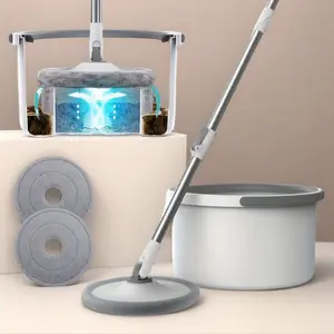 Gray Round Spin Mop and Bucket Set - Separate Clean-Dirty Water System, No-Wringing Design, Ideal for Hardwood, Tile Floors