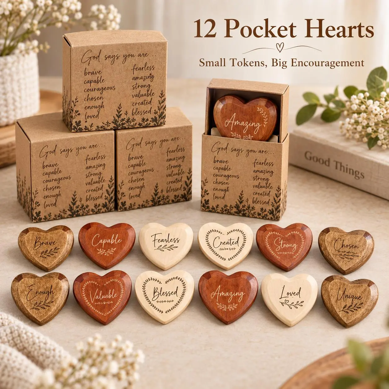 12-Pack Wooden Pocket Hearts Sets, Inspirational Engraved Heart Tokens with Kraft Gift Boxes, Encouragement Keepsake Gifts for Friends Family