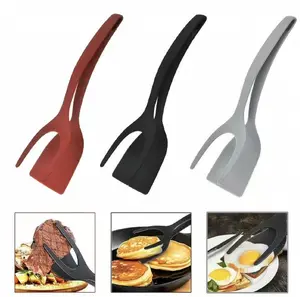 2 in 1 Silicone Shovel & Tweezers Tongs – Black Egg Flipper, Pancake/Steak Turner, Omelet Maker, Spatula, French Toast Tongs — Home Kitchen Cooking Tools