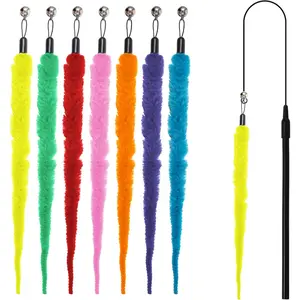 8 count Fuzzy  Worm  with Wand  Attachments, Includes 1 count Black String and 6 Color Options, Suitable for Teaser Play, Chase Exercise, Essential Interactive   Accessories