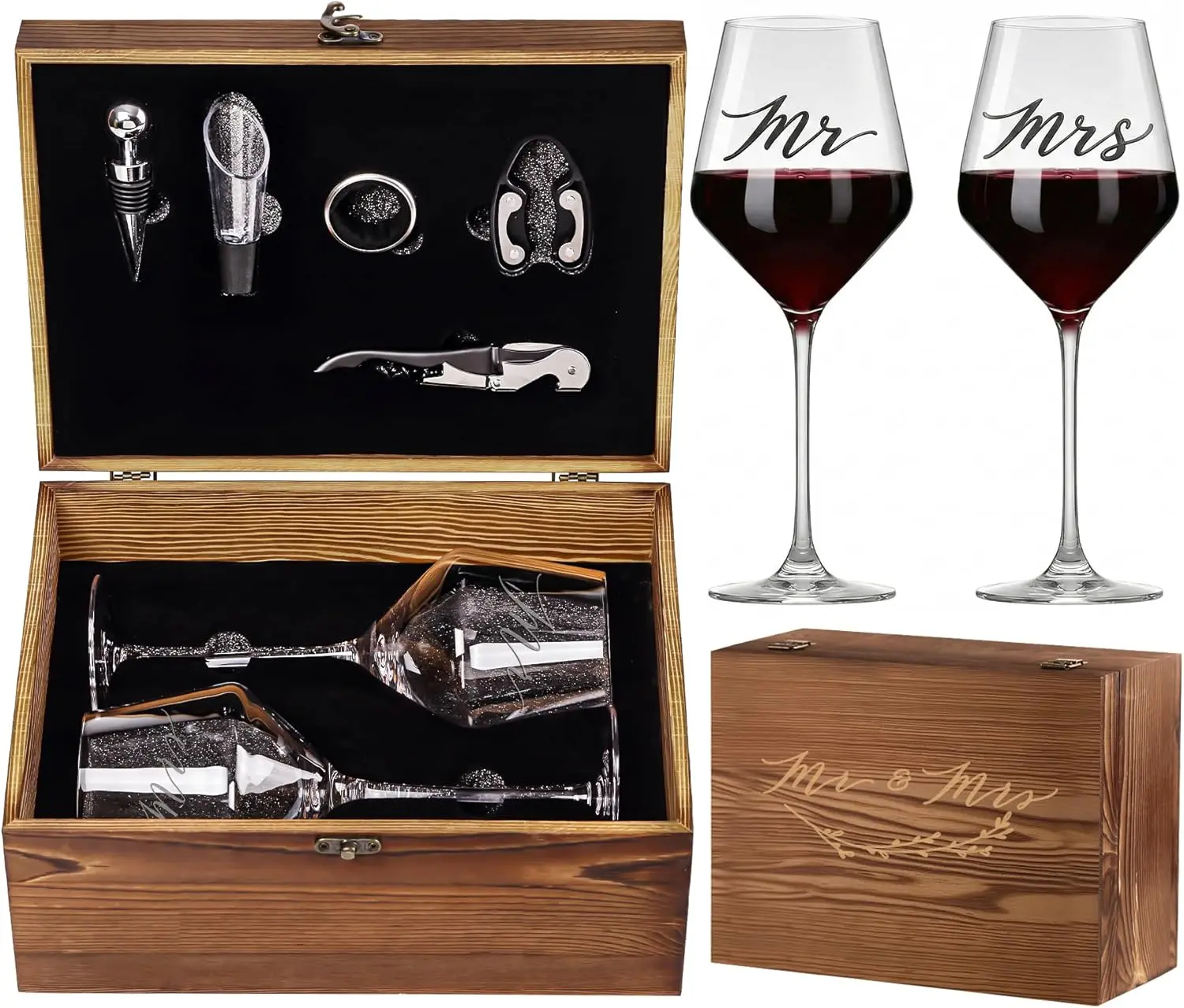 Wedding/Anniversary/Engagement/Bridal Shower and Bachelorette Gifts for Couples,Bride & Newlywed, Engraved Mr and Mrs Wine Glasses with 5-Piece Wine Accessory Kit