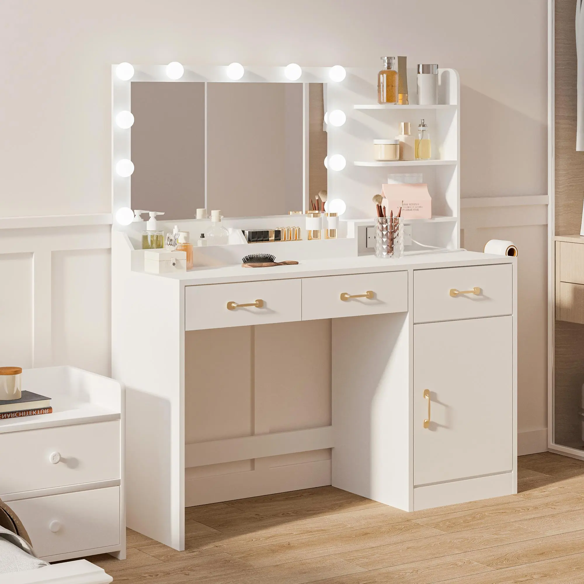 Makeup Vanity Desk with Mirror and Lights, Vanity Table with Charging Station, 3 Drawers, 2 Cubbies, Open Shelves, Wooden Dressing Table for Bedroom, White