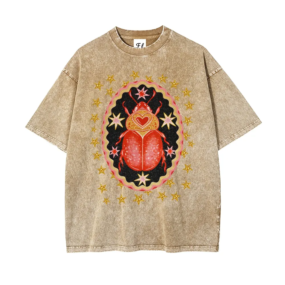Men's Oversized Short-Sleeve Round Neck Graphic Vintage T-Shirt - Batik Cotton, Stretch, Super Soft, Pre-Shrunk, Star/Heart/Ladybug Prints, Casual Unisex Streetwear Top