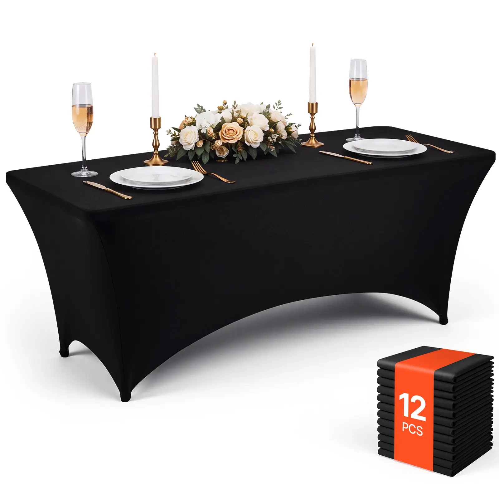 VEVOR Rectangular Spandex Tablecloths, 6 ft 12 Pack, Black Polyester Covers, for Party Wedding Banquet Festival, Tight, Fitted Table Cloth, Washable, Reusable, Wrinkle Resistant Table Cover