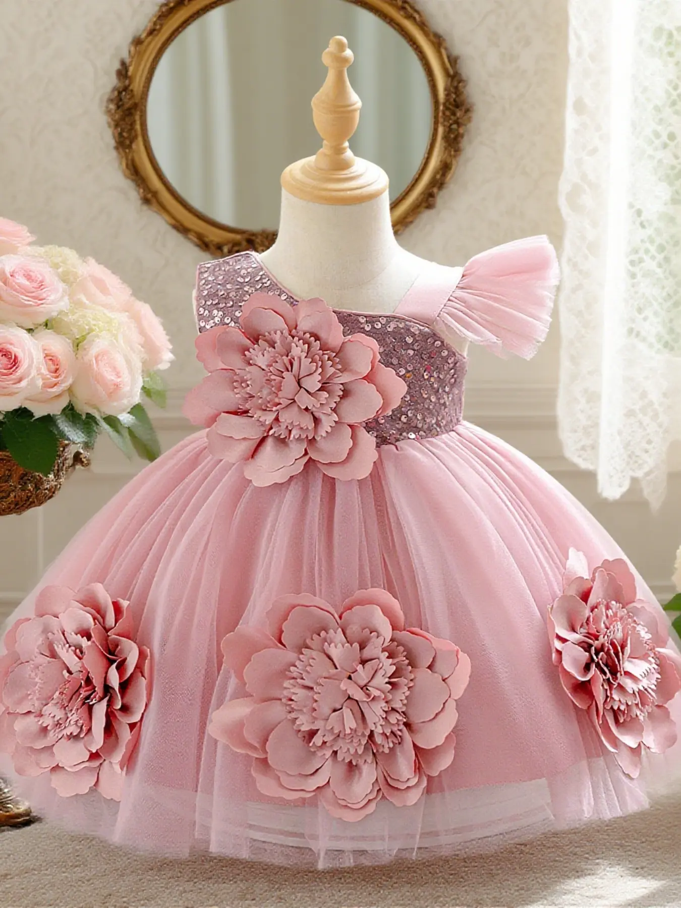Children's clothing mesh princess dress children's birthday dress piano performance dress Toddler Party Dress Floral Pattern Dress Frilled Dress Toddler Summer Dress