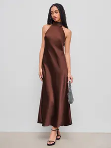 Cider Satin Halter Neckline Backless Maxi Dress