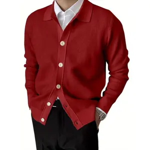 Men'S Autumn Winter Knitwear Daily Sweater Coat Long Sleeve Lapel Button Up Solid Color Cardigan Casual Sweater