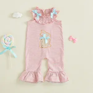 Infant Baby Girl Easter Romper Sleeveless Overalls Stripes Print Bunny Jumpsuit Newborn 0-18 Months