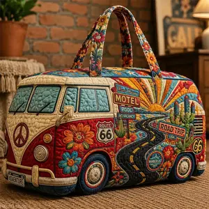 Retro Road Trip Van Quilted Weekender Bag, Boho Floral Route 66 Travel Duffle Bag, Large Capacity Overnight Bag for Women, Vintage Camper Style Carry On Tote for Vacation, Weekend Getaway, Gym, Beach, Road Trip