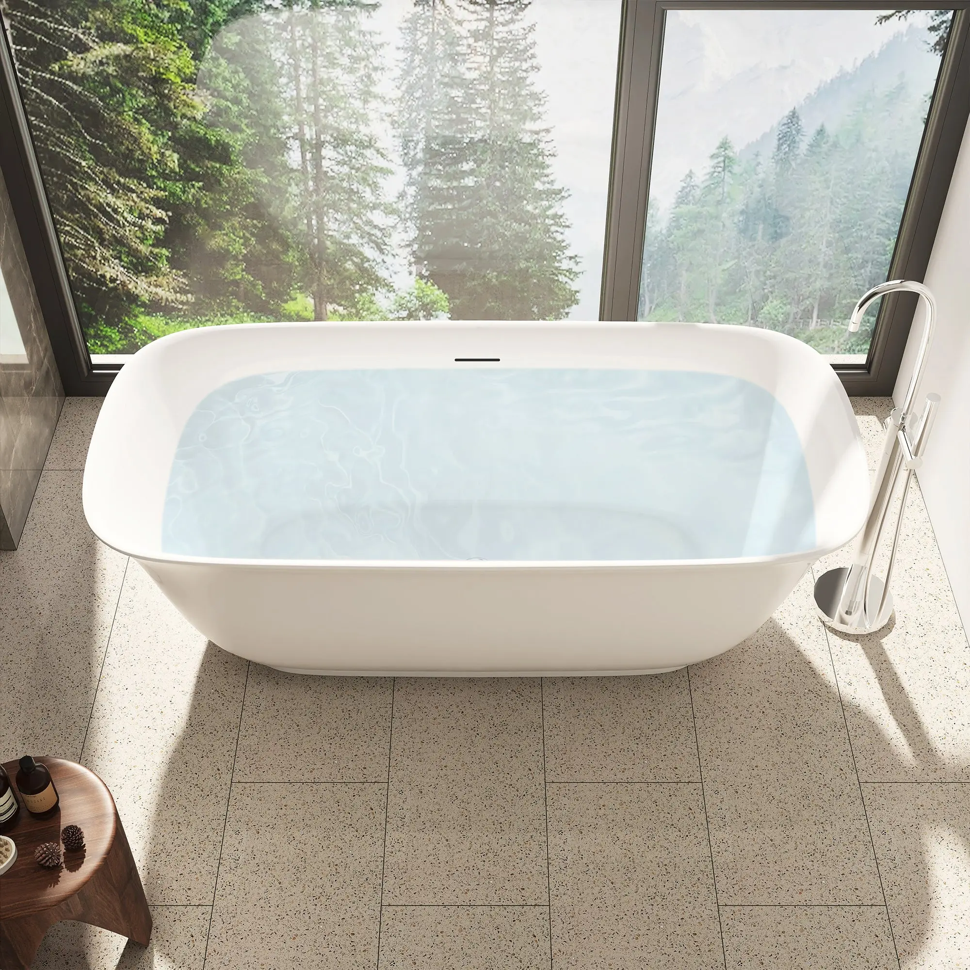 Sarnia Flatbottom Freestanding Acrylic Soaking Bathtub in Glossy White with Drain and Integrated Overflow