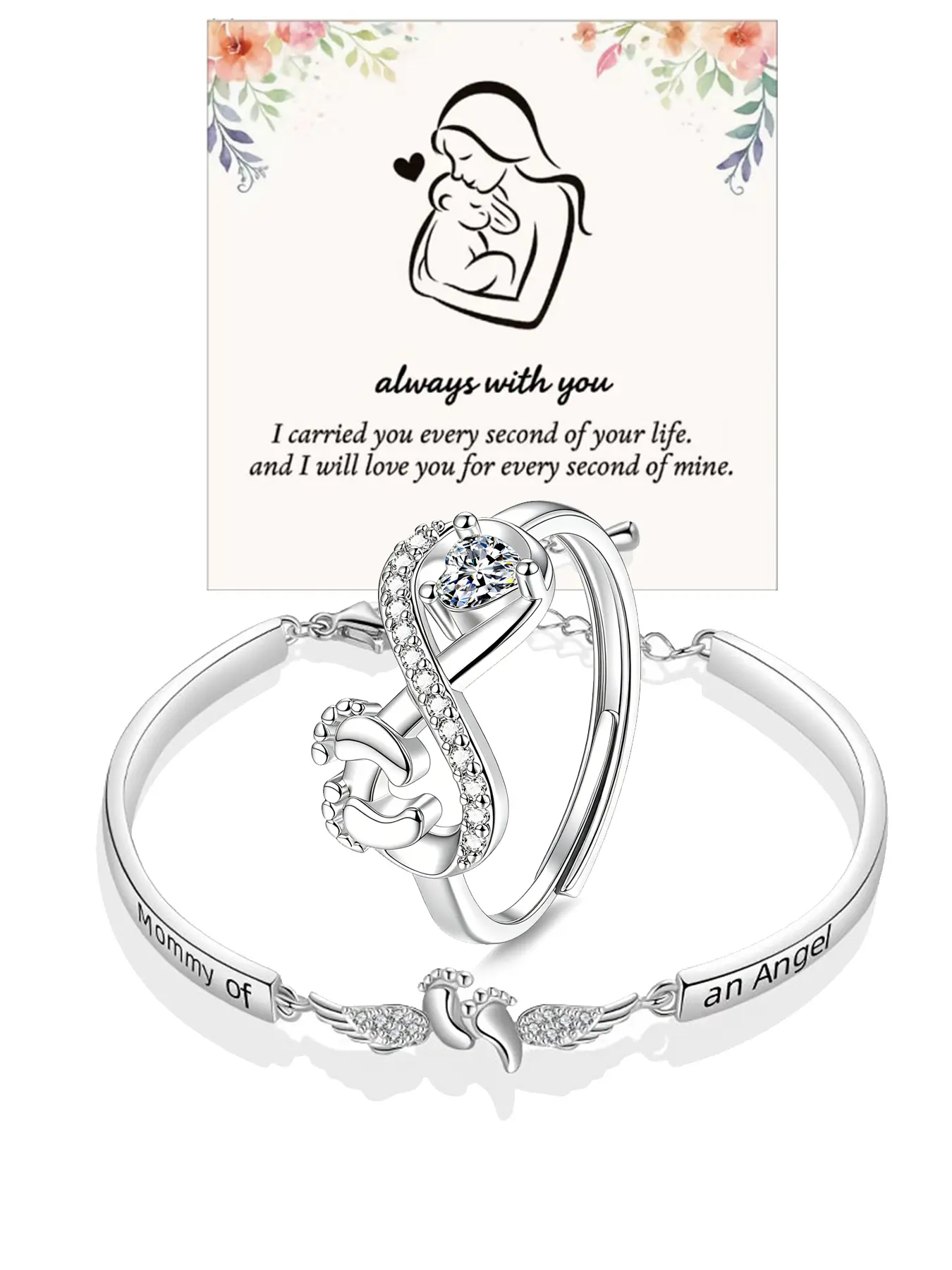 Mother's Day Angel Mom Bracelet, Inspirational Jewelry, footprint adjustable infinite circular ring, Angel Baby Commemorative bracelet with angel wing commemorative jewelry, baby Death Memorial Gift, a gift of love for mom
