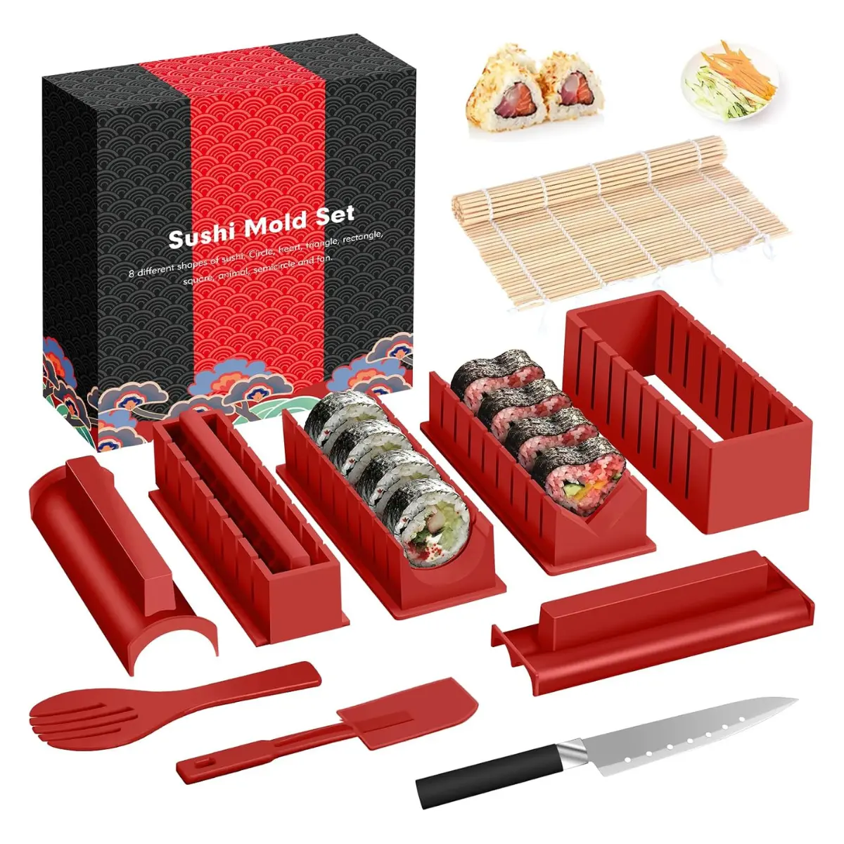 12-Piece Sushi Making Kit, Sushi Molds, Rolling Mat, Knife & Chopsticks