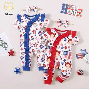 Baby Girls Independence Day Jumpsuit Short Sleeve Crew Neck Flag Balloon/Ice Cream Firework Print Ruffle Romper with Headband