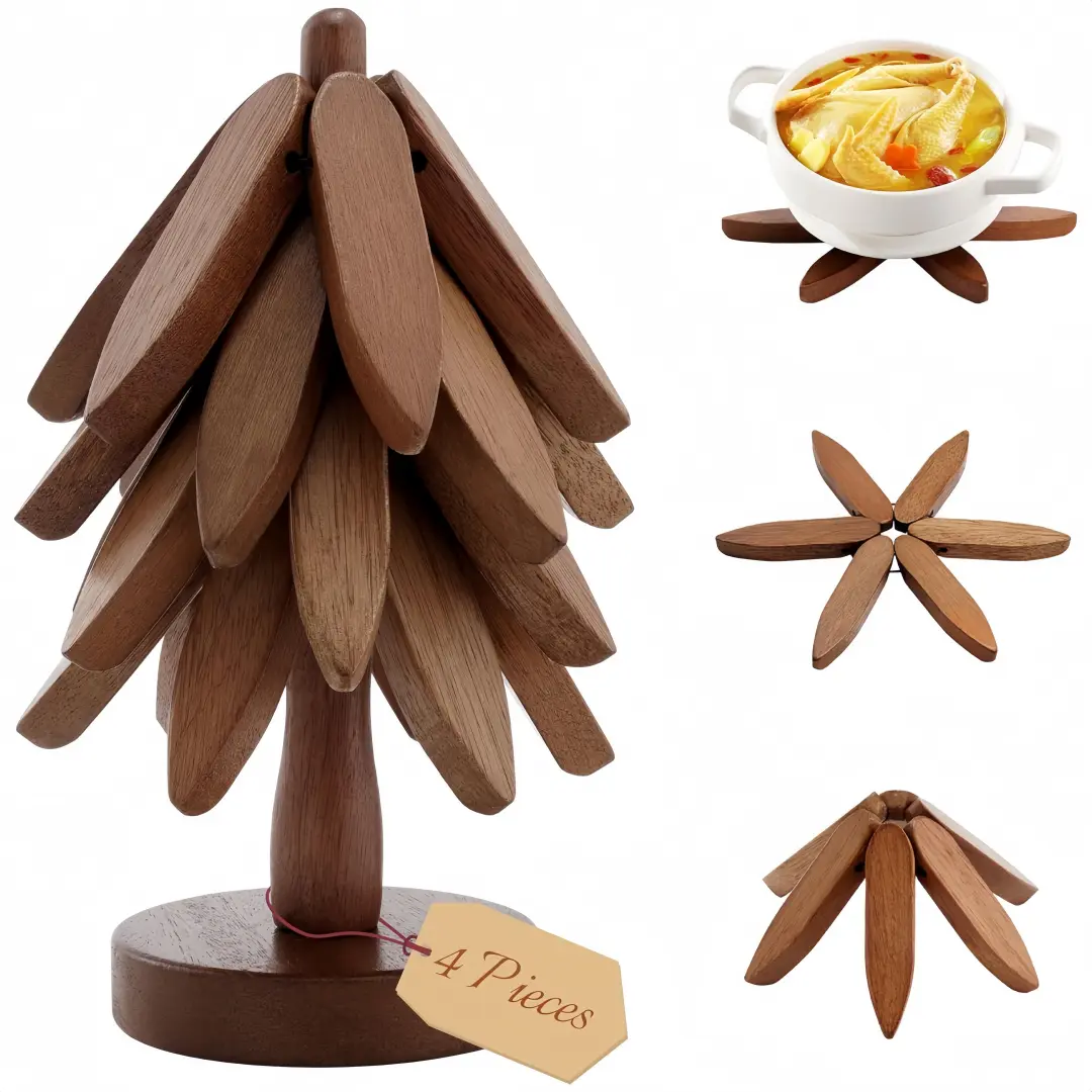 Wooden Christmas Decorative Mat for Hot Dishes - Christmas Tree Coaster Set, Tree-Shaped Mat with Stand, Heat-Resistant Kitchen Decoration for Pots, Bowls, Coffee and Tea Pots, Christmas Gift