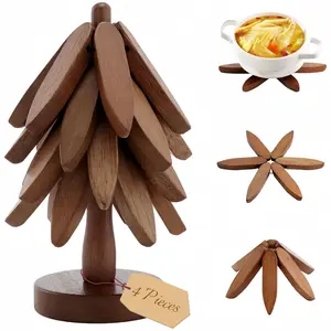 Wooden Christmas Decorative Mat for Hot Dishes - Christmas Tree Coaster Set, Tree-Shaped Mat with Stand, Heat-Resistant Kitchen Decoration for Pots, Bowls, Coffee and Tea Pots, Christmas Gift