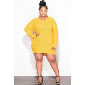 Final Sale Plus Size Long Sleeve Round Neck Knitted Tunic / Dress in Mustard