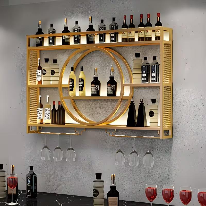 47-Inch Spacious Wall-Mounted Wine Rack Featuring a Glass Holder, 3 Tier Bottle Rack with LED Lights, Floating Display for Kitchen Living Room Bar Area Modern Wine Shelf High Quality Durable Metal Construction for Home Bartenders And Wine Enthusiasts