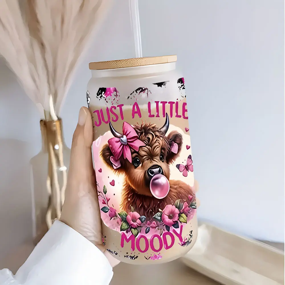 Pink Bow Highland Cow 16oz Glass Can Cup with Lid and Straw, Reusable Glass Drinking Cup, Funny Dad Tumbler, Water Tumbler With Straw, Gift for Animal Lovers, Family & Friends, Drinkware Gift