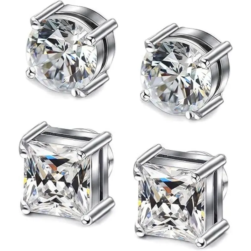 Stainlesssteel Magnet Earrings for Men Women, Minimalist Stud Set with Round & Princess Cut Cubic Zirconia, Economical and Affordable, Christmas, Birthday, Unisex, Anniversary, 2 Pairs 8Mm, 5Mm, Princess Cut Earrings, 6Mm