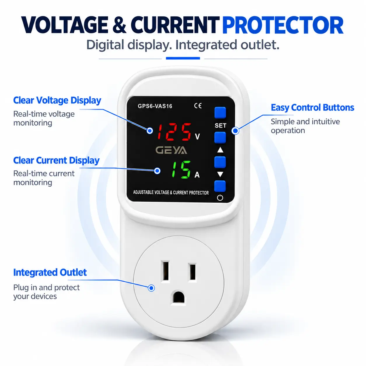 GEYA Plug-In Voltage & Current Protector with Digital Display and US 3-Prong Outlet