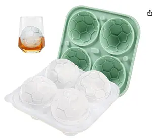 Soccer Ice Cube Mold, Football Shapes Ice Cube Tray, Silicone Sphere Ice Mold Chocolate Mold with Clear Funnel-type Lid, Make 4 Large Ice Balls for Chilling Whiskey Cocktails Drinks, Green