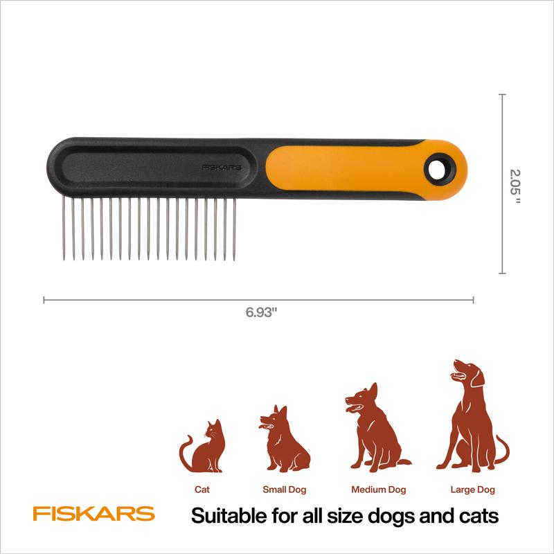 Fiskars Wide Toothed Comb for Pets - Gentle Tangle Removal with Rounded Teeth Ends & Durable Stainless Steel Materials - 7in Length - Suitable for Medium to Long Coats