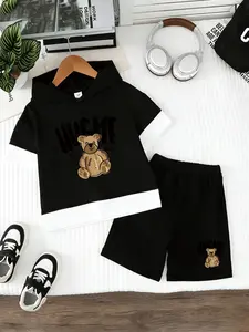 Boys' Cartoon Print Two-Piece Set, Hooded Short Sleeve & Shorts, Perfect for Home Play, School Activities, Weekend Outings, Cute & Eye-Catching